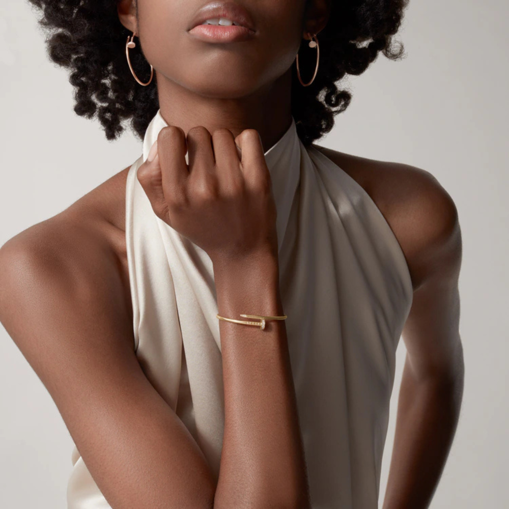 Gold Plated Nail Bangle | Adjustable Screw Nail Design | Rhinestone Accents