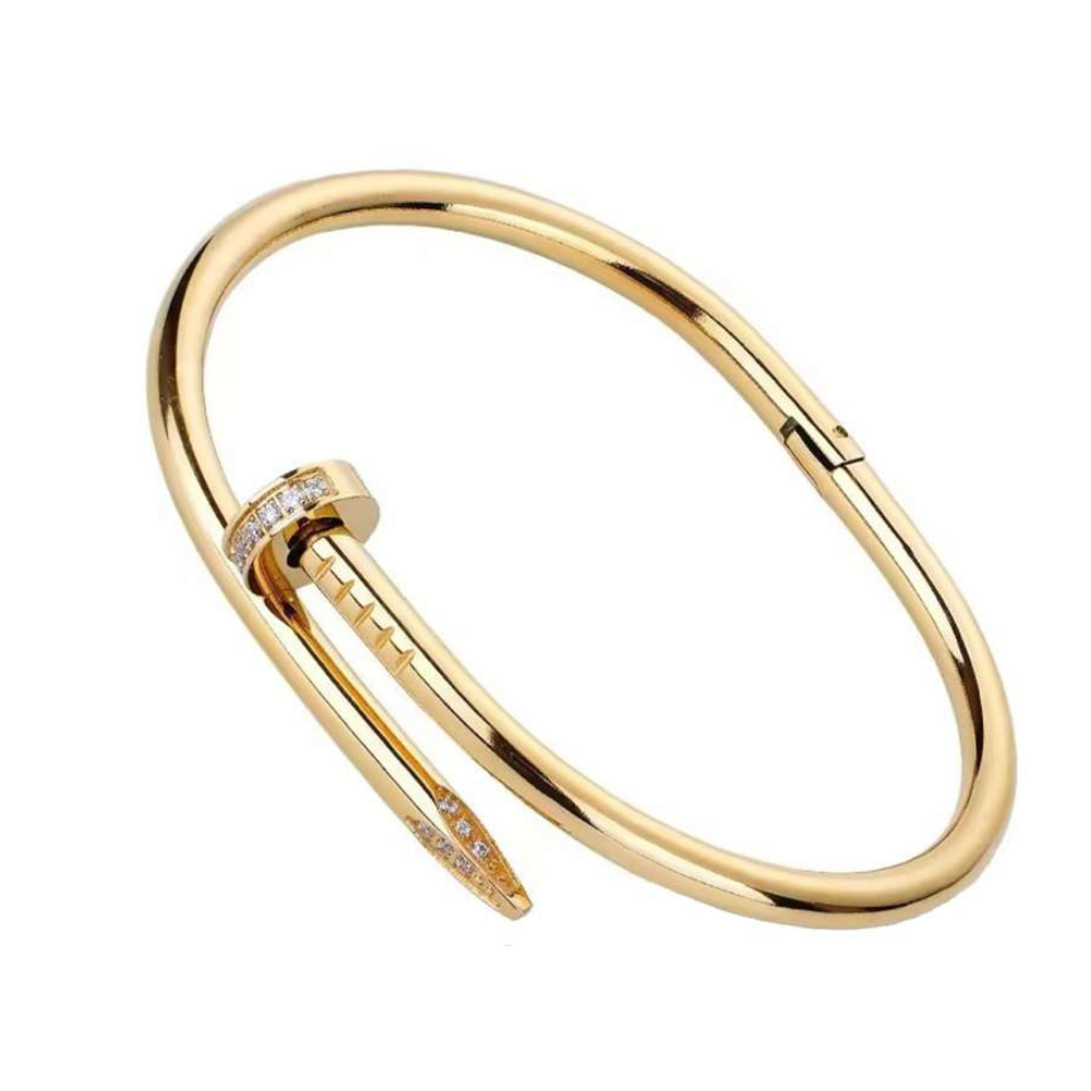 Gold Plated Nail Bangle | Adjustable Screw Nail Design | Rhinestone Accents