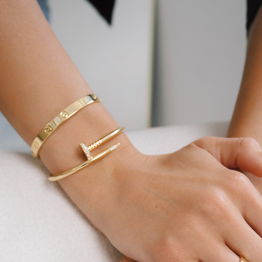 Gold Plated Nail Bangle | Adjustable Screw Nail Design | Rhinestone Accents