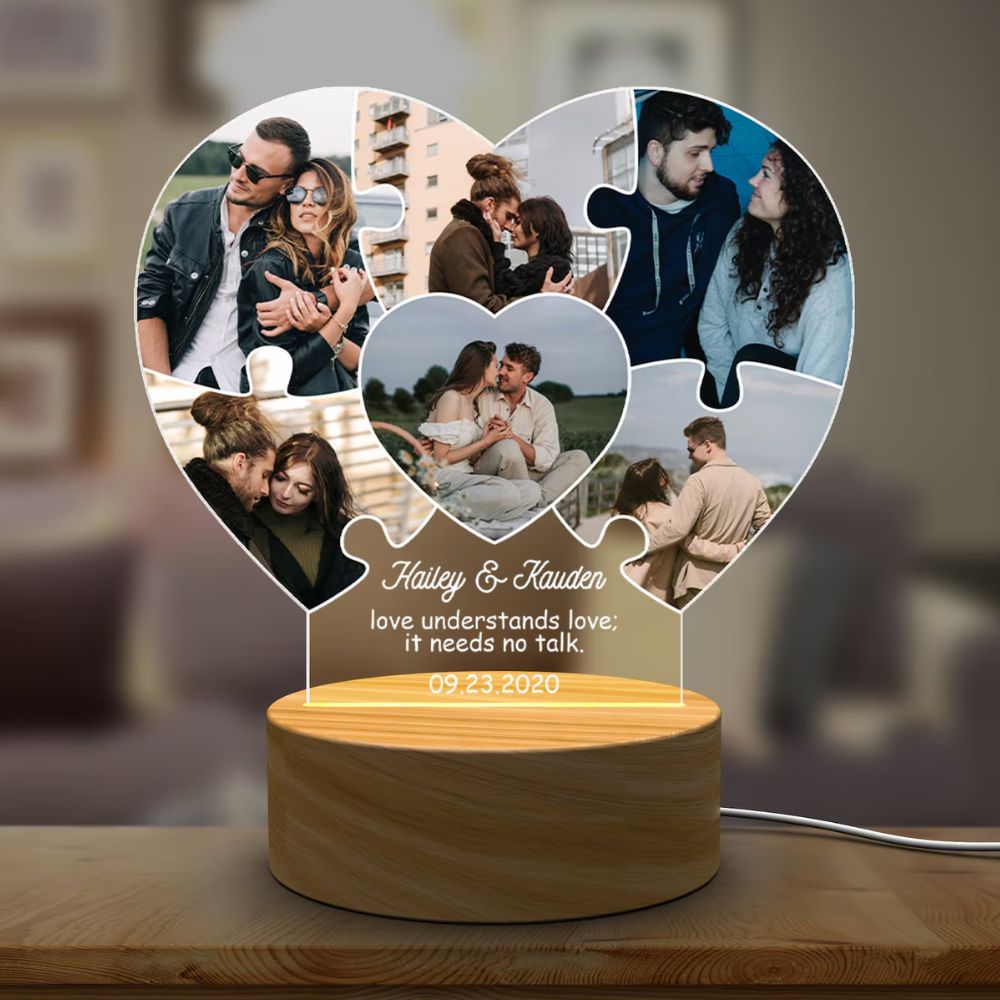 Personalised Couple Collage LED Lamp with Wooden Base Custom Photo Acrylic Light by Moskai