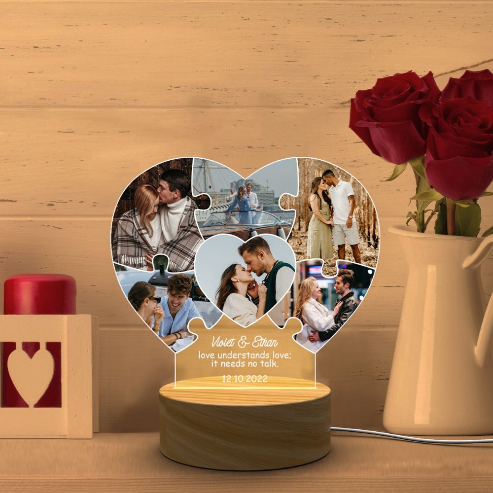 Personalised Couple Collage LED Lamp with Wooden Base Custom Photo Acrylic Light by Moskai
