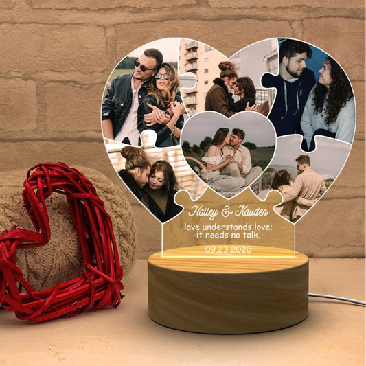 Personalised Couple Collage LED Lamp with Wooden Base Custom Photo Acrylic Light by Moskai