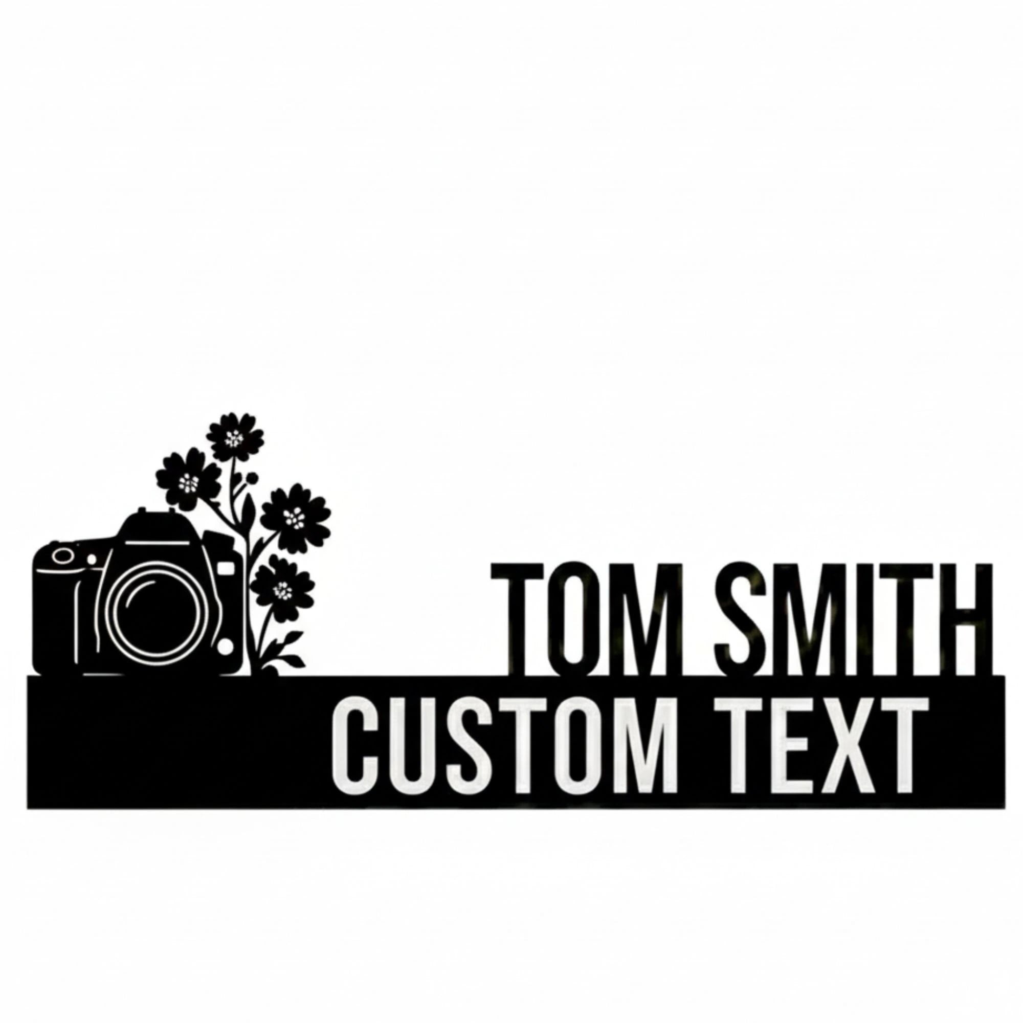 Personalized Photographer Desk Name Plate - Custom Stainless Steel Photography Studio Table Sign - Camera & Flowers Office Decor