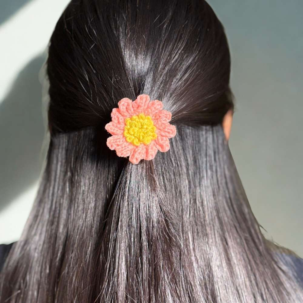 Crochet Flower Pink Hair Tie