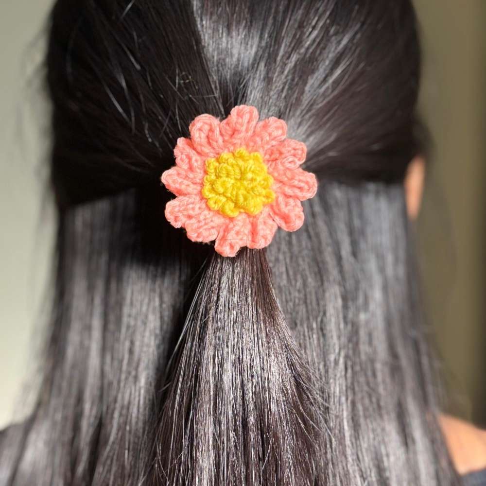 Crochet Flower Pink Hair Tie