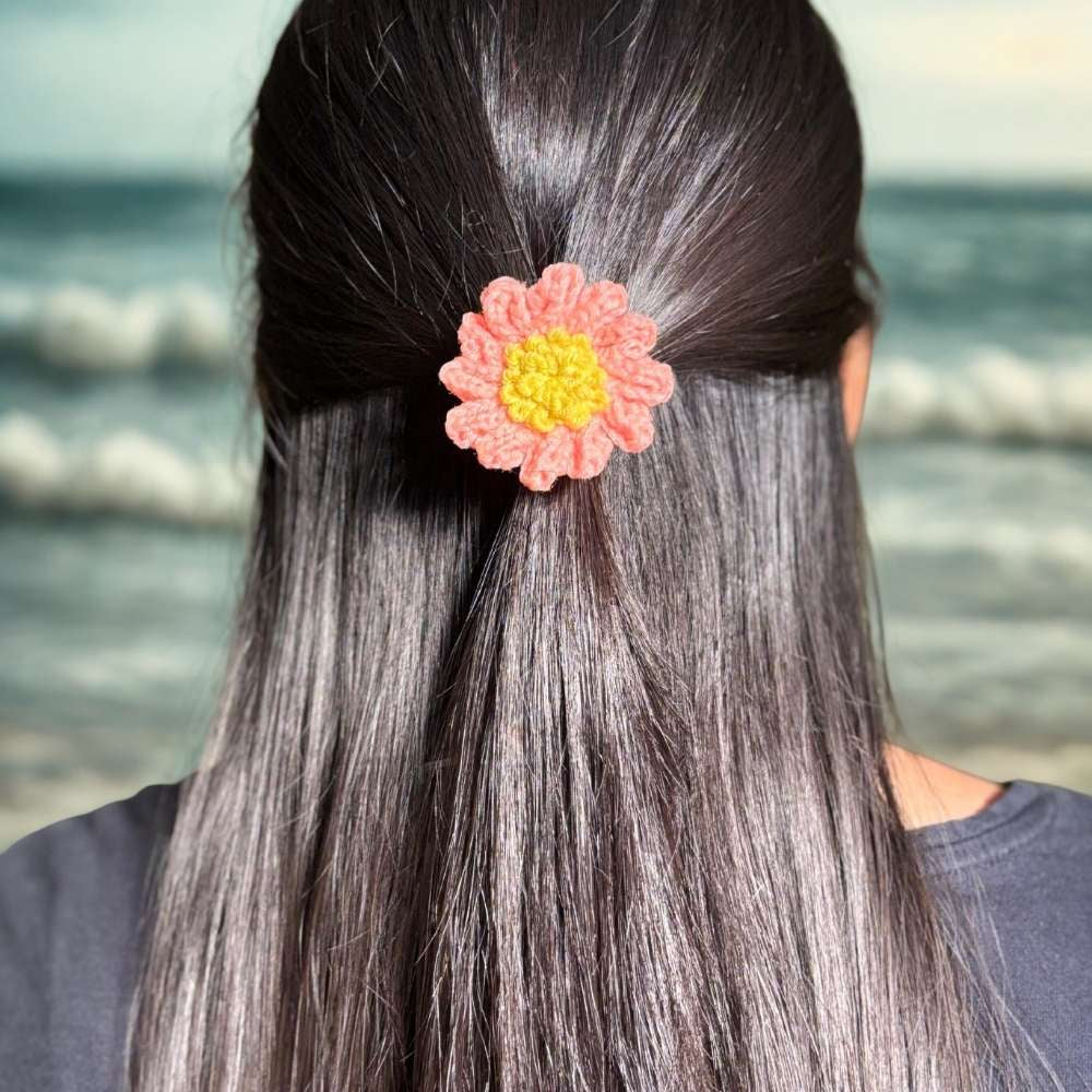 Crochet Flower Pink Hair Tie
