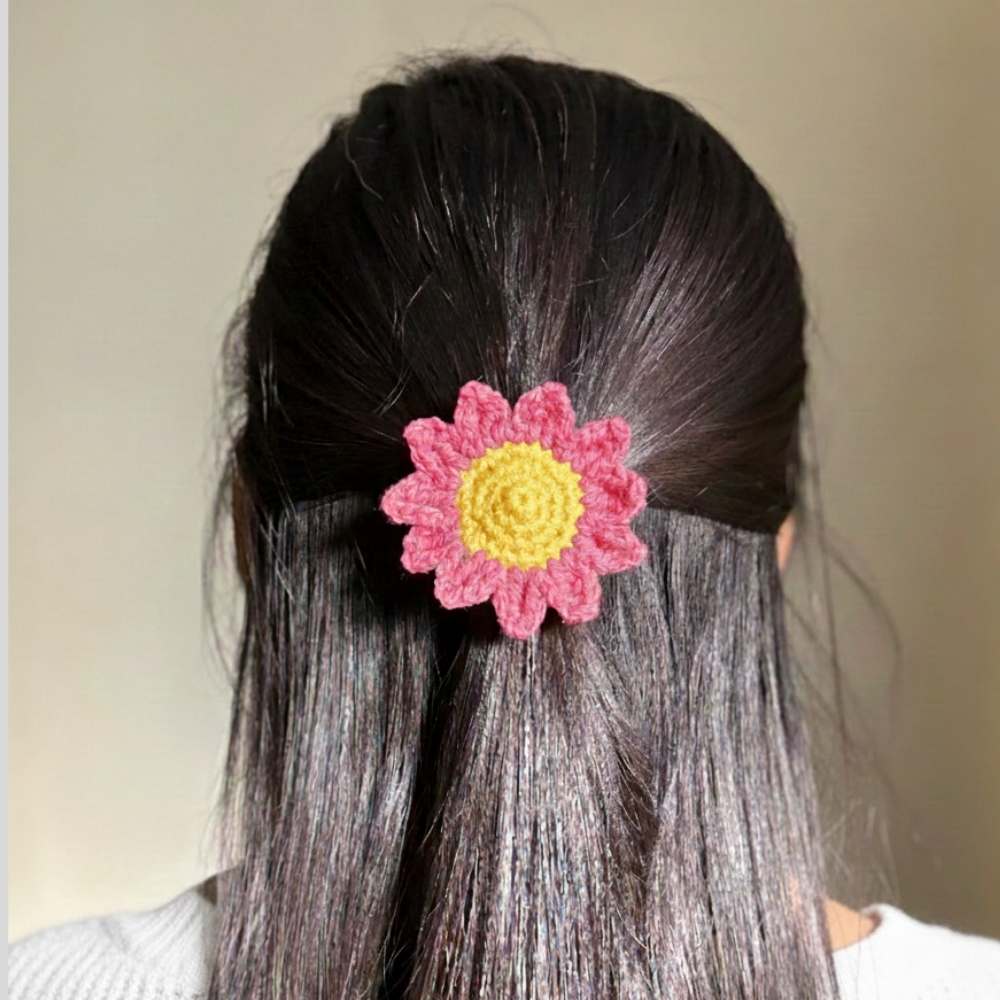 Pink Flower Crochet Hair Tie