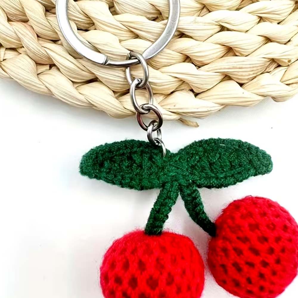 Red Cherry Crochet Keychain