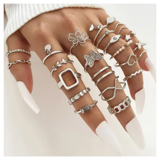 MOSKAI Silver Plated Stackable Rings Set of 23 | Elegant Fashion Jewelry