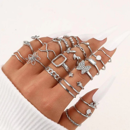 MOSKAI Silver Plated Stackable Rings Set of 23 | Elegant Fashion Jewelry