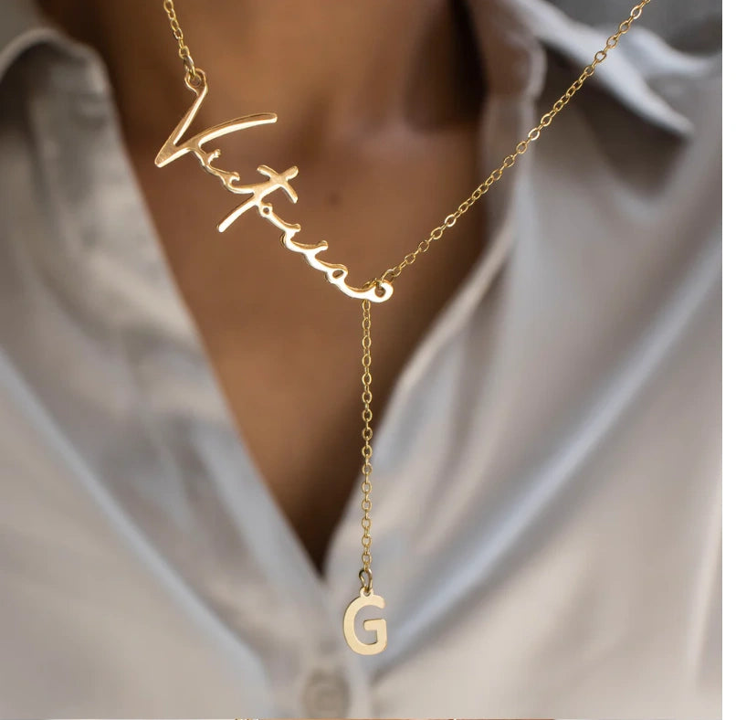 Custom Signature Name & Initial Y-Lariat Necklace – Personalized Script Nameplate with Dainty Alphabet Drop