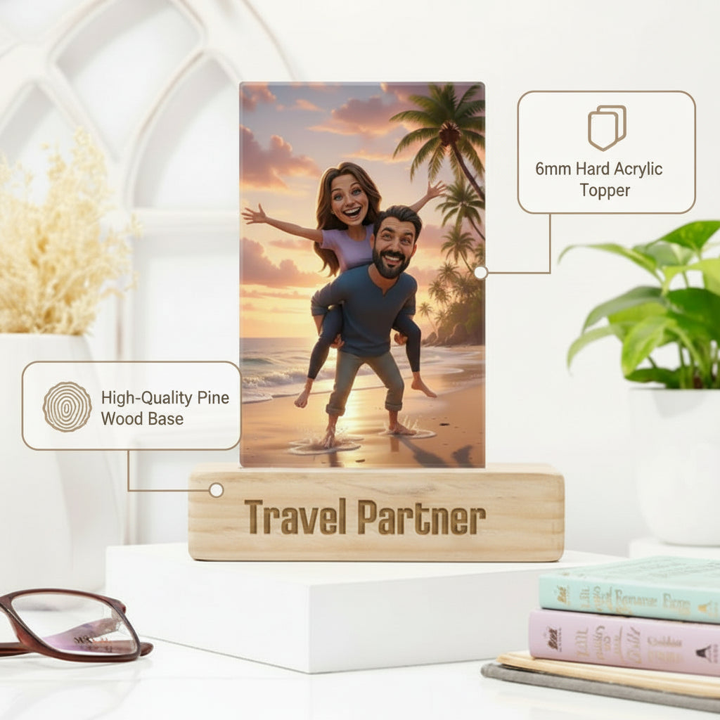 Moskai Travel Partner Couple Caricature on Beach – Personalised Acrylic Stand Gift
