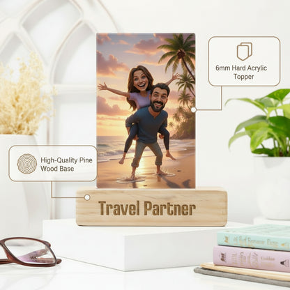 Moskai Travel Partner Couple Caricature on Beach – Personalised Acrylic Stand Gift