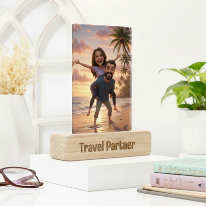 Moskai Travel Partner Couple Caricature on Beach – Personalised Acrylic Stand Gift