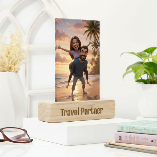 Moskai Travel Partner Couple Caricature on Beach – Personalised Acrylic Stand Gift