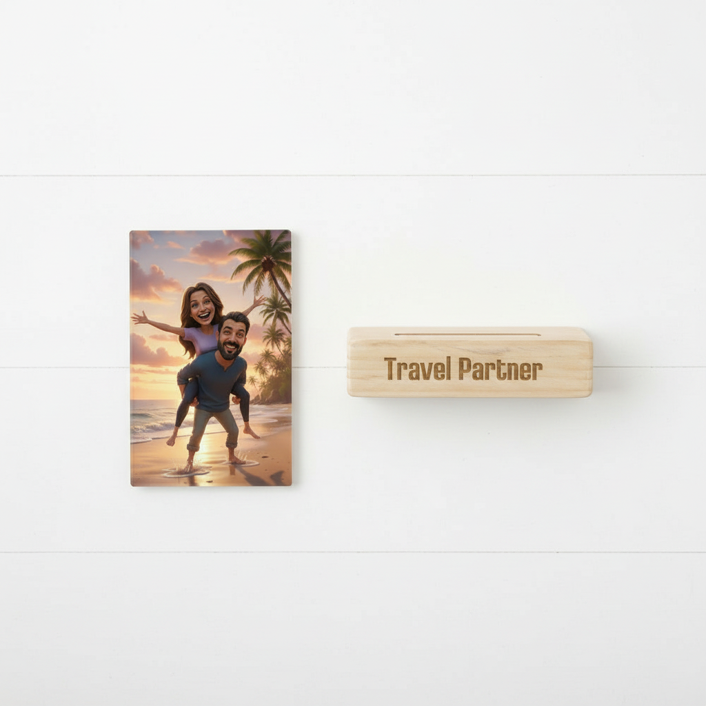 Moskai Travel Partner Couple Caricature on Beach – Personalised Acrylic Stand Gift