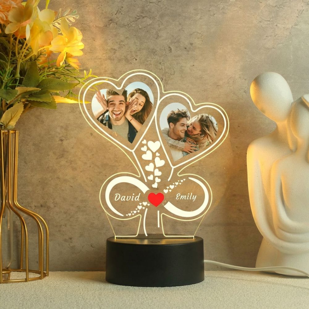 Moskai Twin Heart Personalised LED Lamp with Custom Names & Photo