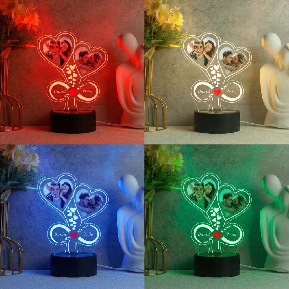 Moskai Twin Heart Personalised LED Lamp with Custom Names & Photo