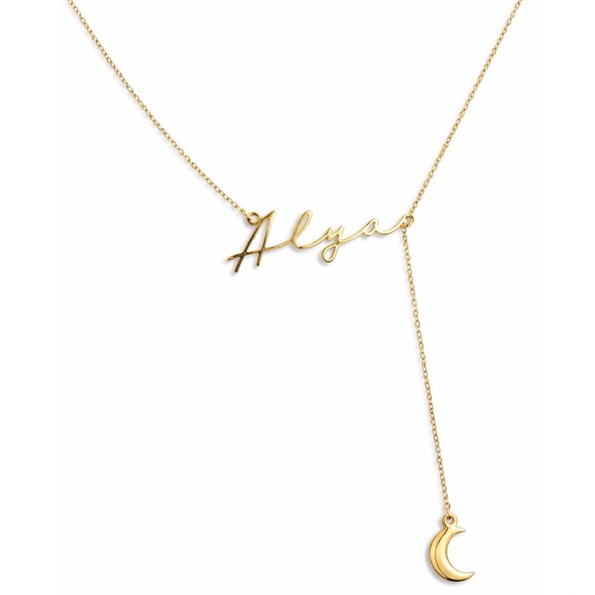 Custom Script Name & Crescent Moon Y-Lariat Necklace – Personalized Lariat Nameplate with Celestial Moon Charm