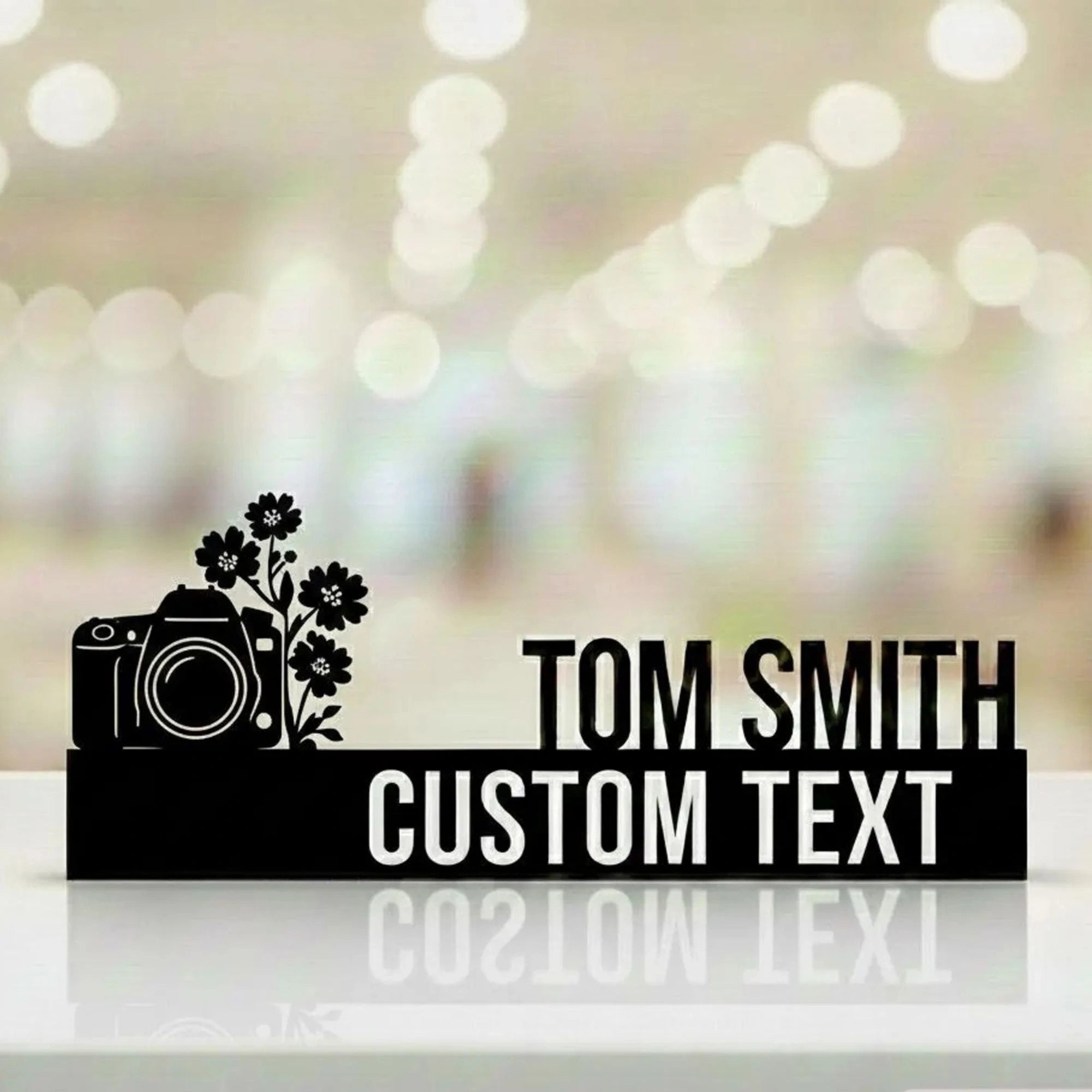 Personalized Photographer Desk Name Plate - Custom Stainless Steel Photography Studio Table Sign - Camera & Flowers Office Decor