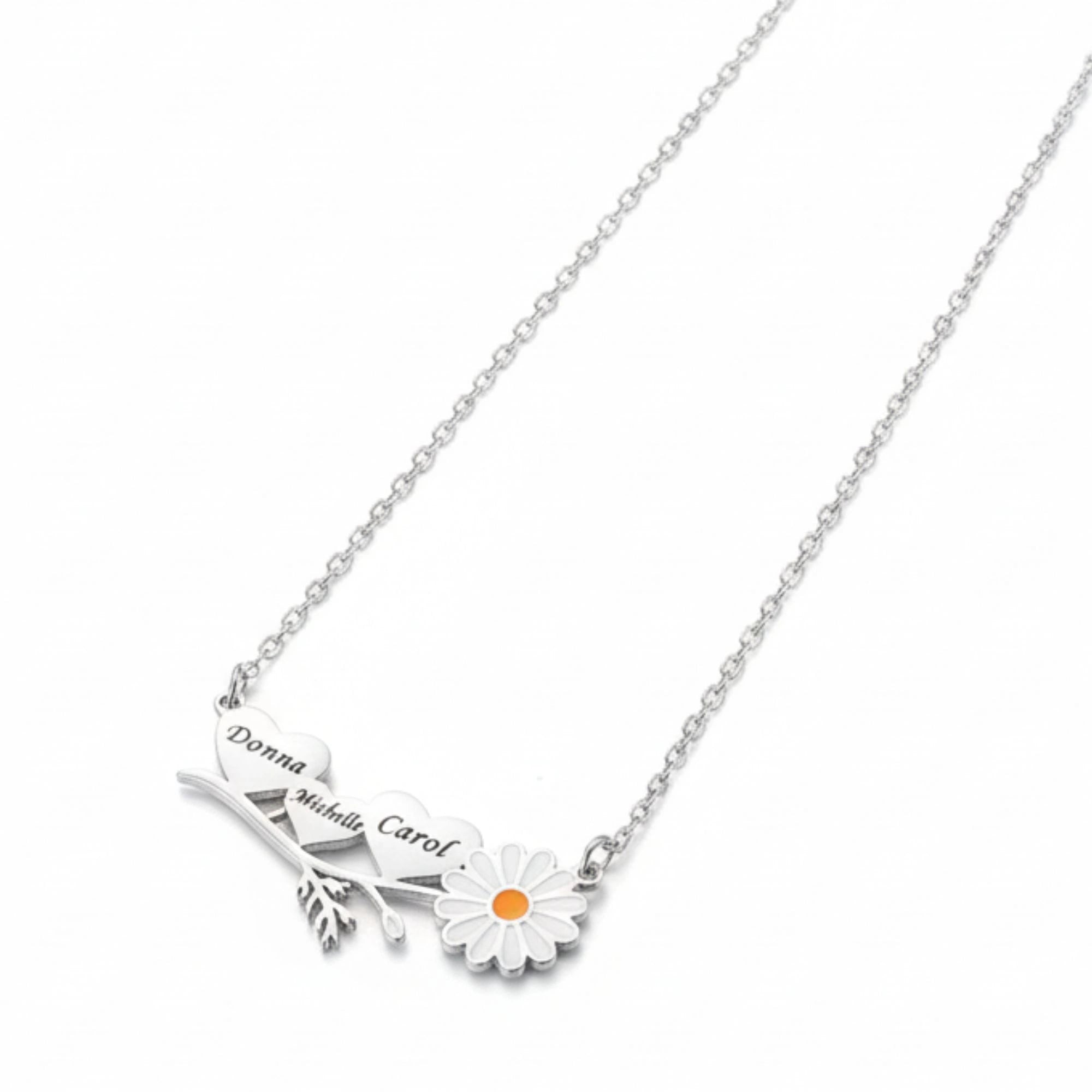 Personalized 3 Name Heart Necklace with Daisy Charm-- Custom Engraved Triple Nameplate Pendant for Women & Moms