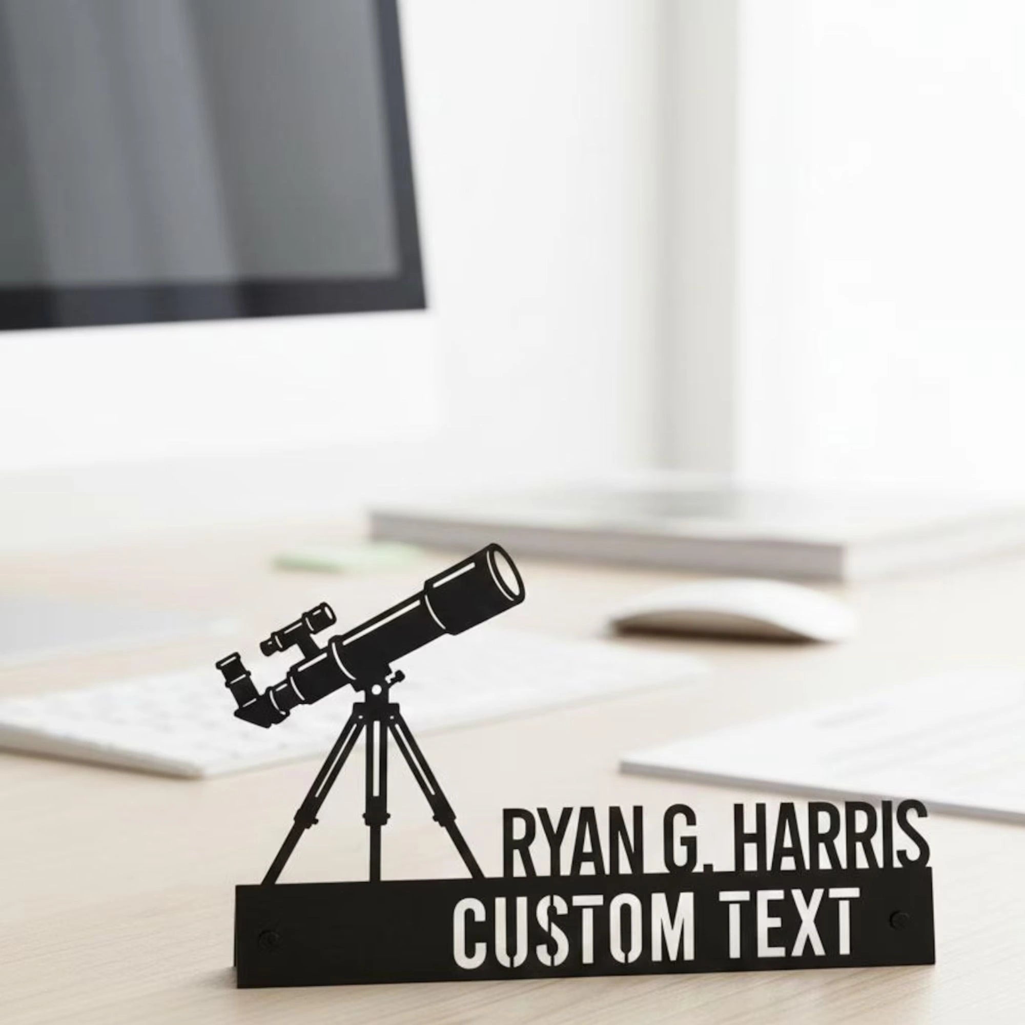 Personalized Astronomer Desk Name Plate - Custom Telescope Theme Stainless Steel Table Sign - Space Lover & Starwatcher Office Decor