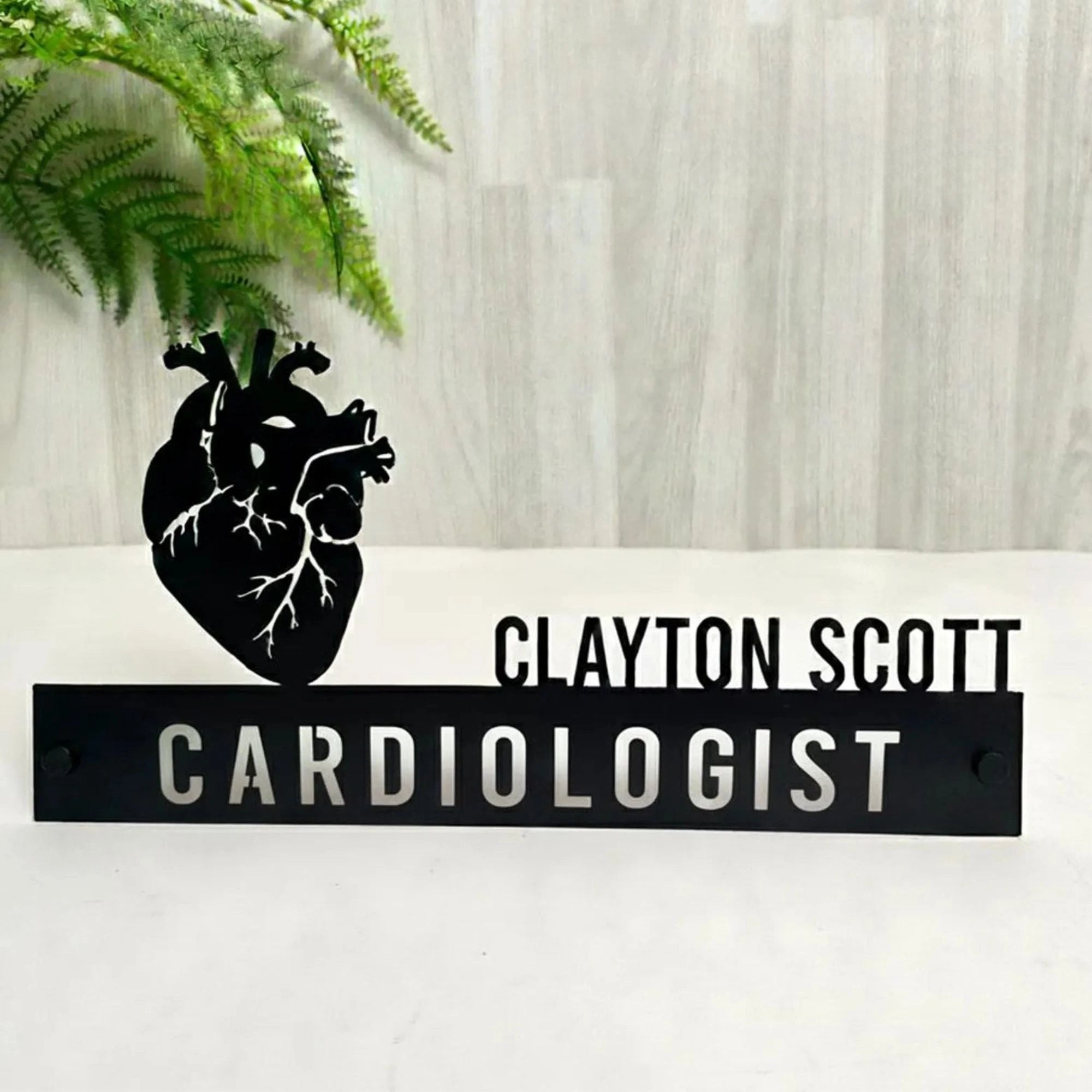 Custom Cardiologist Desk Name Plate - Personalized Stainless Steel Doctor Desk Sign, Anatomical Heart Medical Office Decor