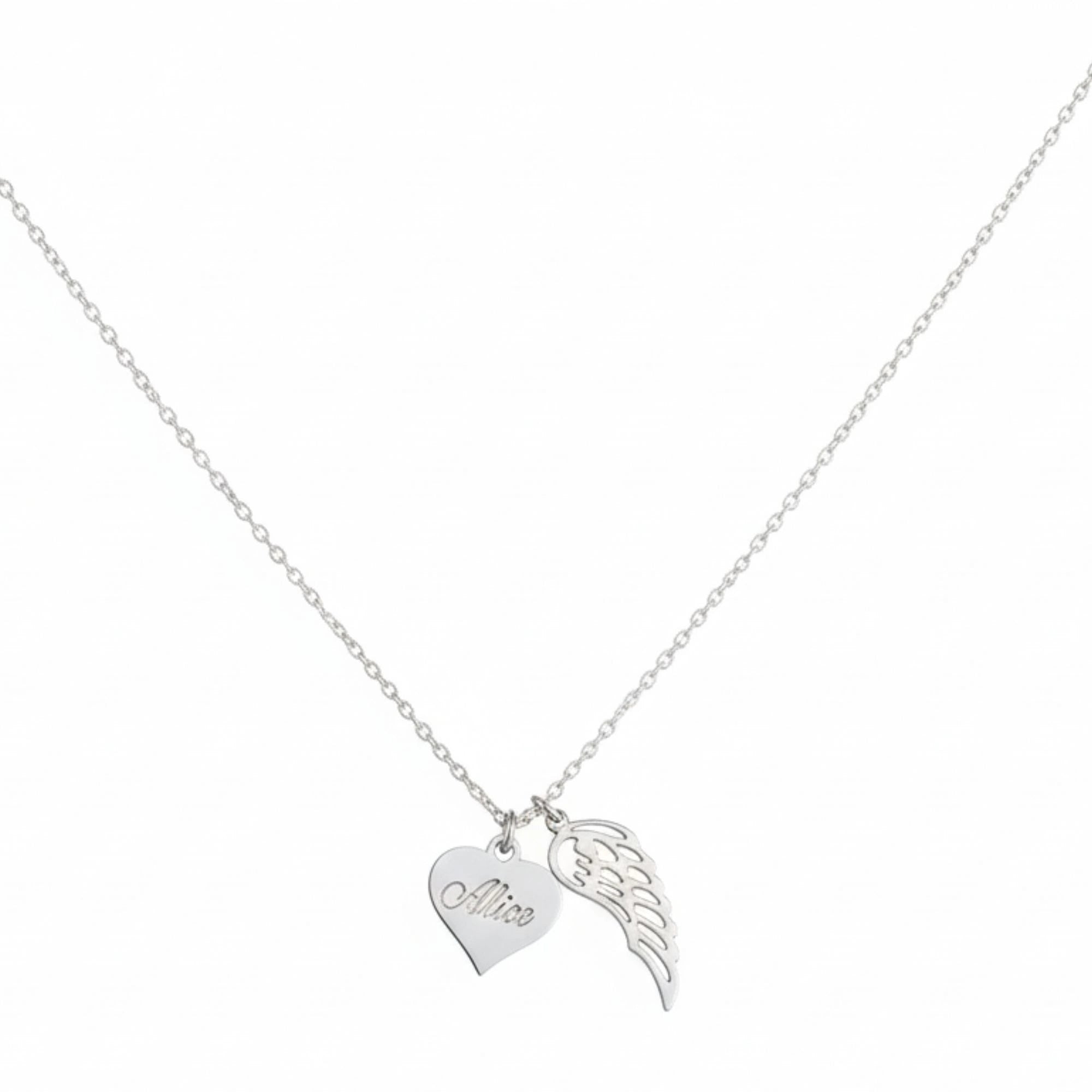 Personalized Heart Necklace with Angel Wing Charm - Custom Name Engraved Memorial Pendant for Women & Girls