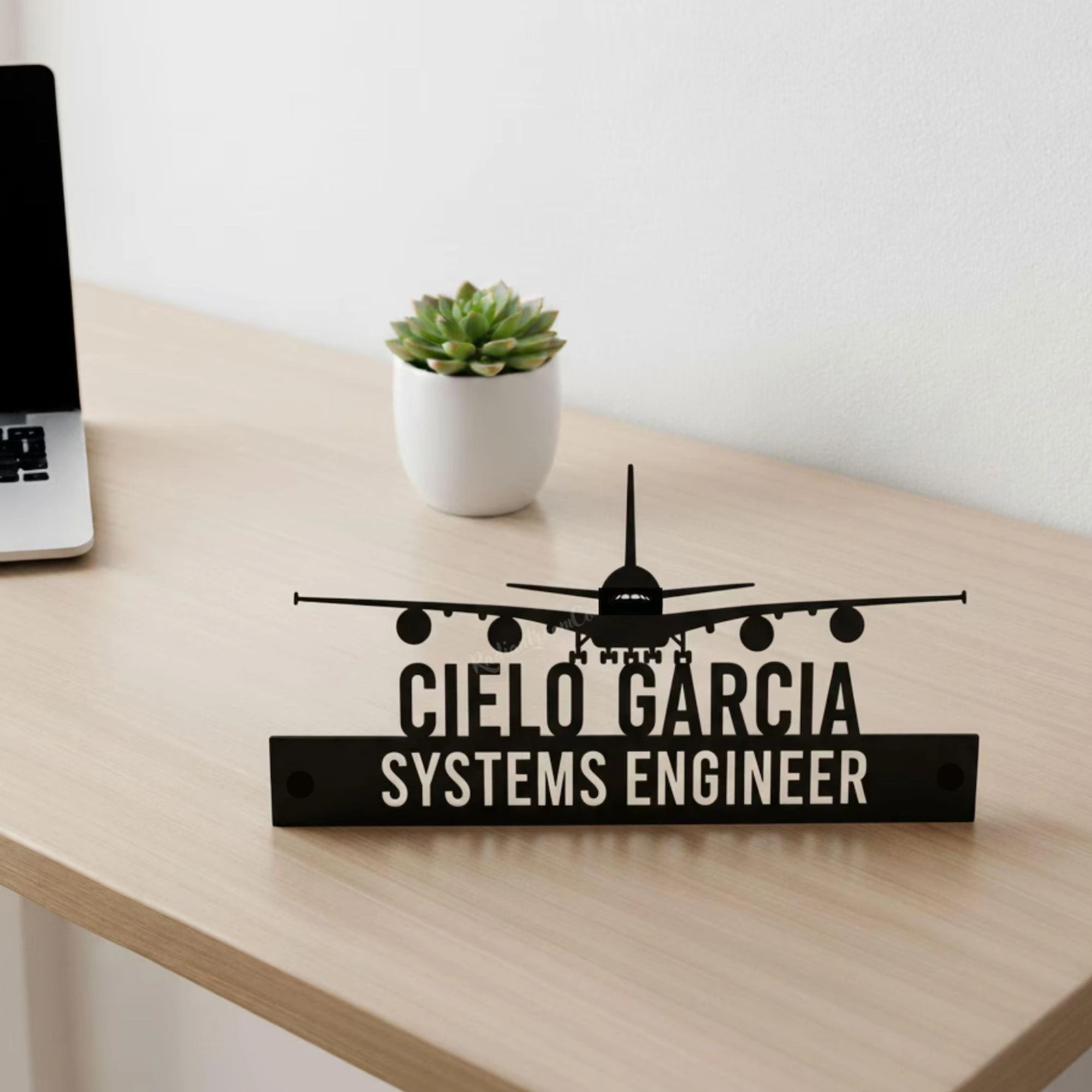 Personalized Systems Engineer Desk Name Plate - Custom Airplane Theme Stainless Steel Table Sign - Aviation Engineer Office Decor