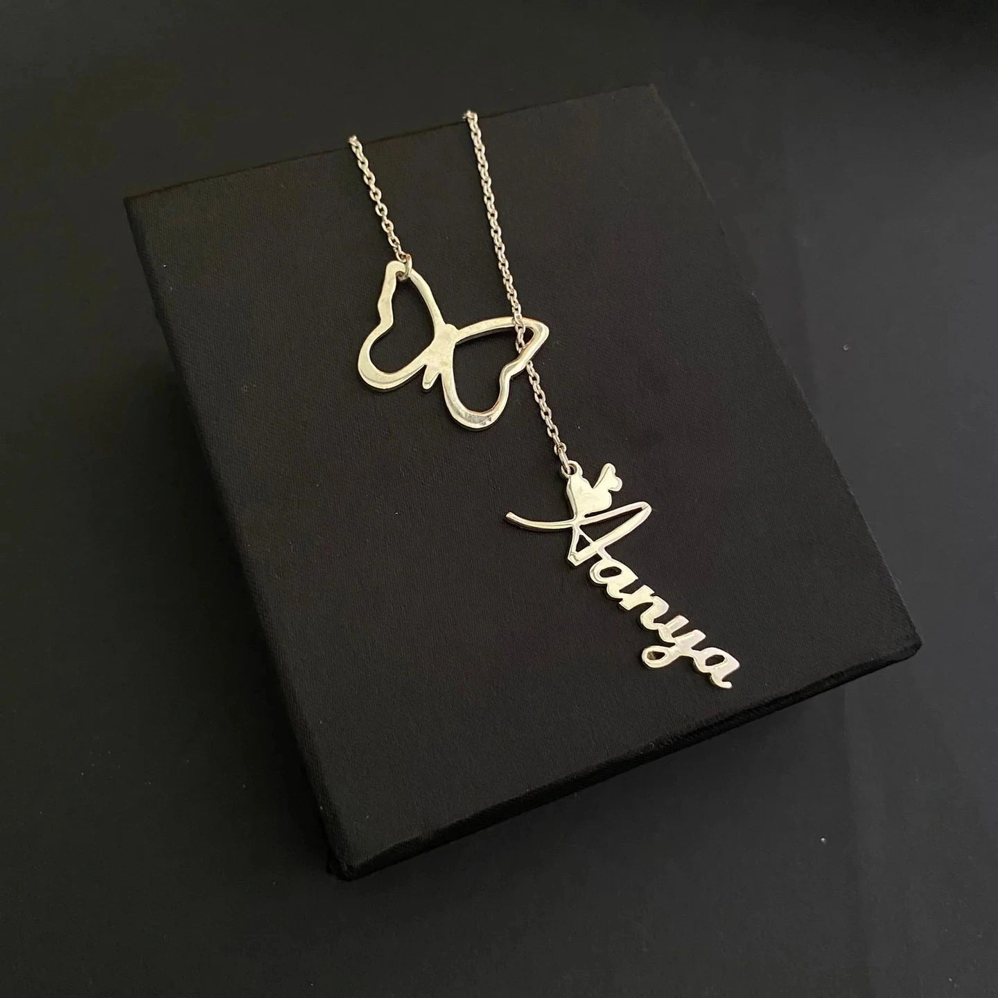 Personalized Butterfly Name Y-Necklace - Custom Vertical Nameplate Pendant with Butterfly Charm for Women & Girls