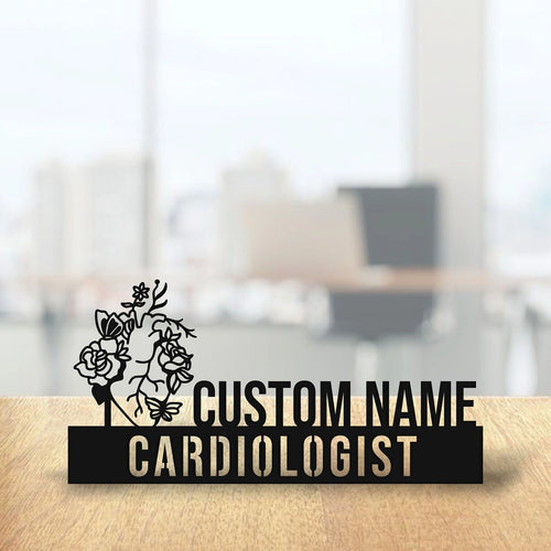 Custom Cardiologist Name Plate - Personalized Stainless Steel Doctor Desk Sign, Floral Heart Anatomy Medical Office Decor