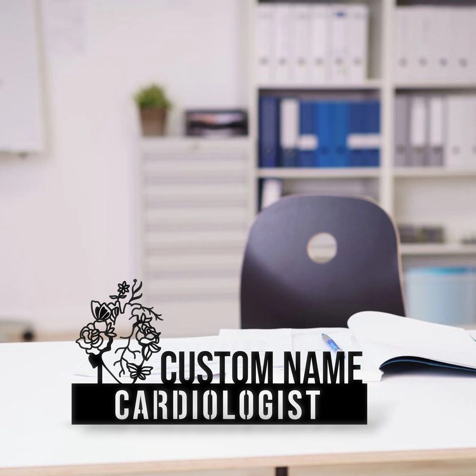 Custom Cardiologist Name Plate - Personalized Stainless Steel Doctor Desk Sign, Floral Heart Anatomy Medical Office Decor