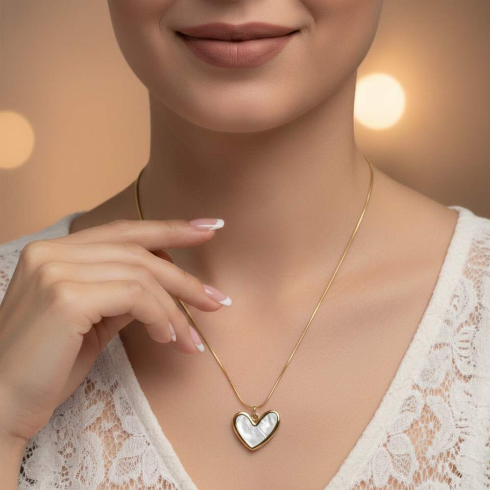 Moskai Elegant White Enamel Heart Pendant Necklace for Women