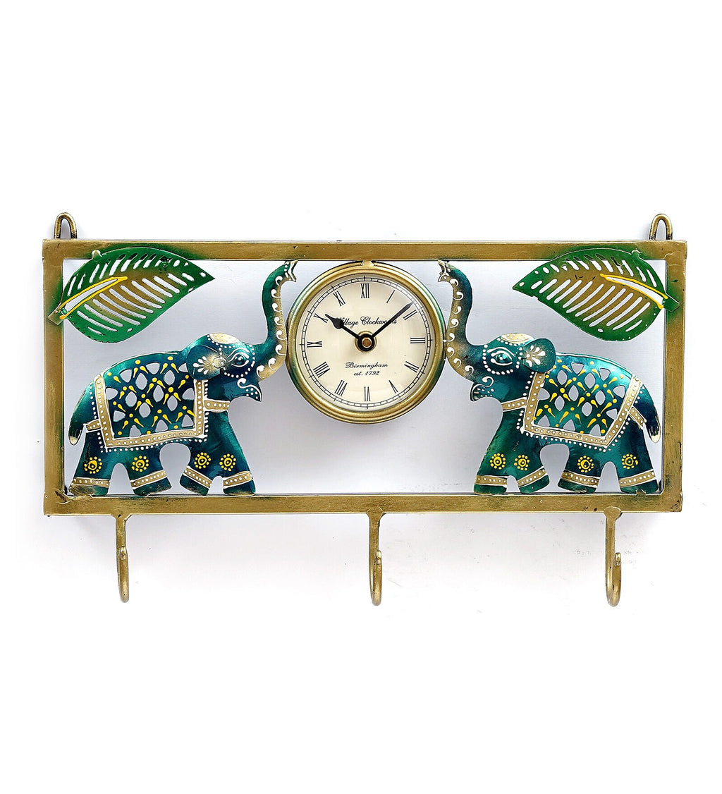 Mosaki Metal Elephant with Clock Key Stand | Wall Décor