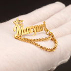 Personalized Name Brooch with Stone Crown Design | Custom Name Chain Brooch Pin for Men & Women | Stylish Alphabet Name Badge Jewelry Gift