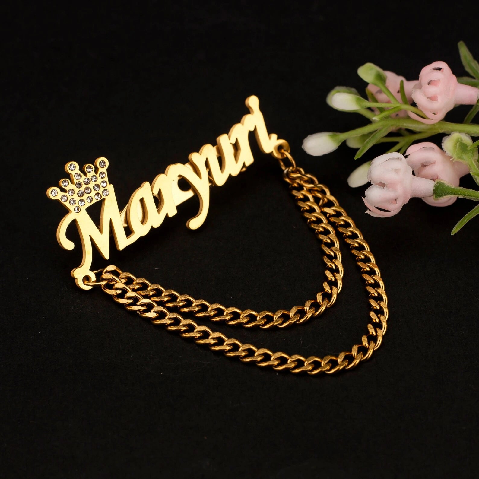 Personalized Name Brooch with Stone Crown Design | Custom Name Chain Brooch Pin for Men & Women | Stylish Alphabet Name Badge Jewelry Gift