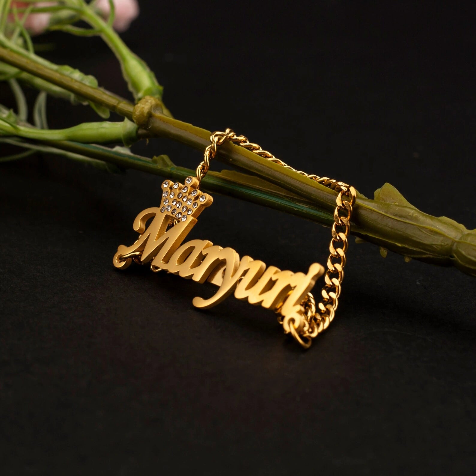 Personalized Name Brooch with Stone Crown Design | Custom Name Chain Brooch Pin for Men & Women | Stylish Alphabet Name Badge Jewelry Gift
