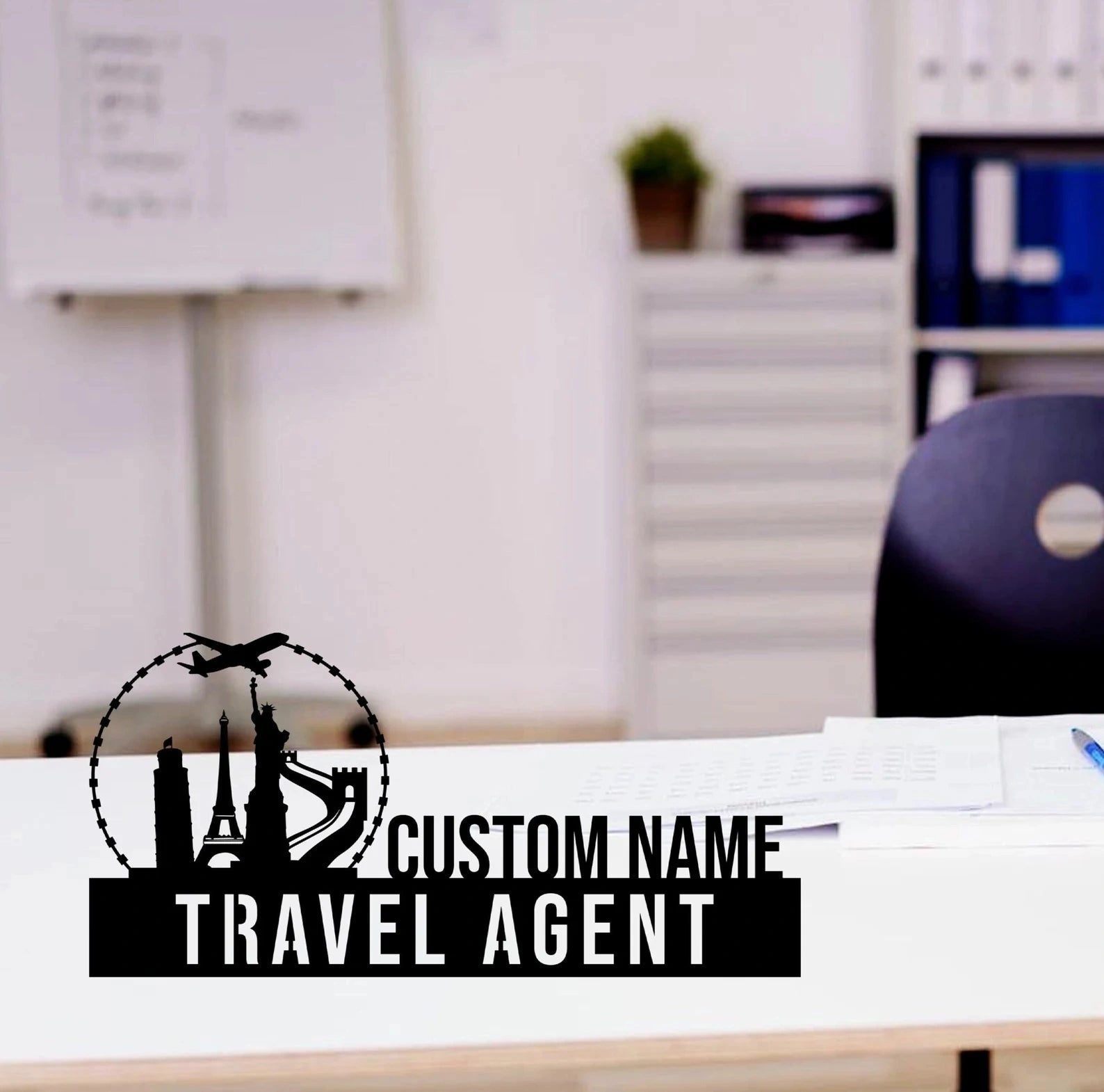 Personalized Travel Agent Desk Name Plate - Custom Stainless Steel Travel Consultant Table Sign - World Landmarks Office Decor