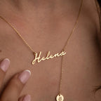 Personalised Signature Name & Initial Disc Y-Lariat Necklace – Personalized Lariat Nameplate with Alphabet Coin Drop