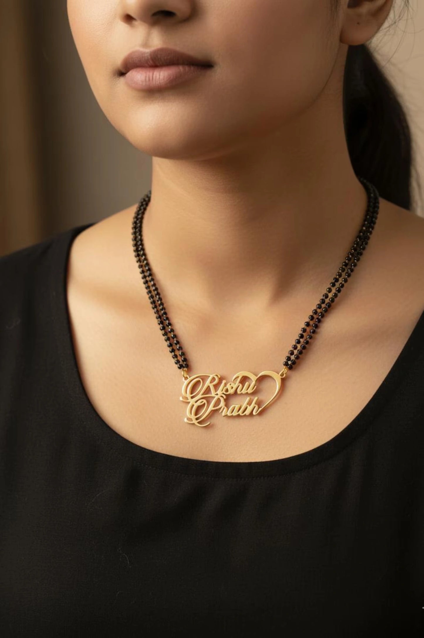 Personalized Couple Name Heart Mangalsutra – Custom Gold Plated Pendant