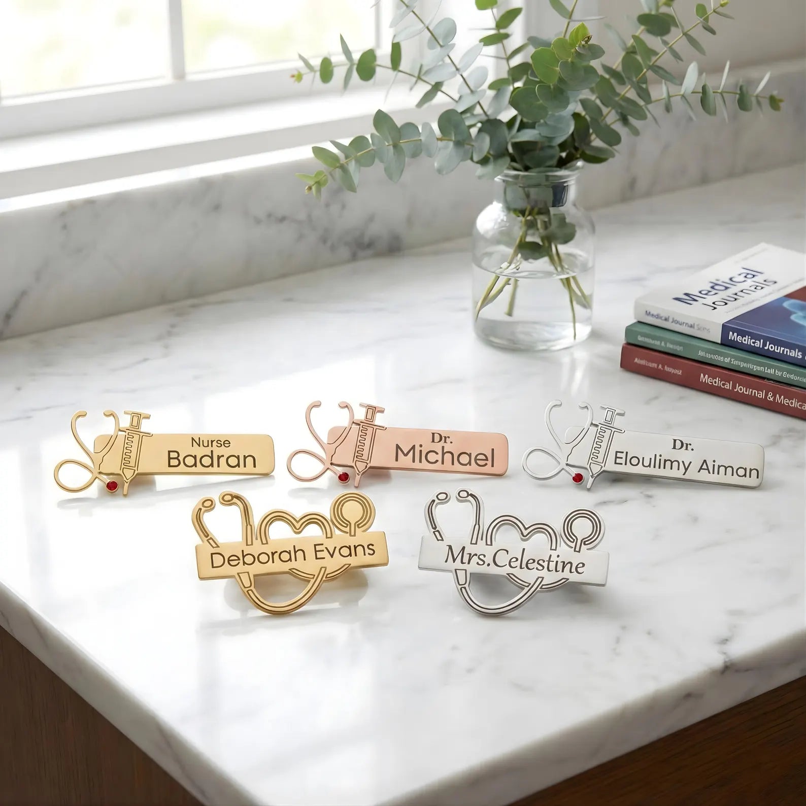 Personalized Doctor Name Brooch Pin for Women – Custom Gold Nurse Badge with Stethoscope & Syringe Design | Nurse Appreciation Gift