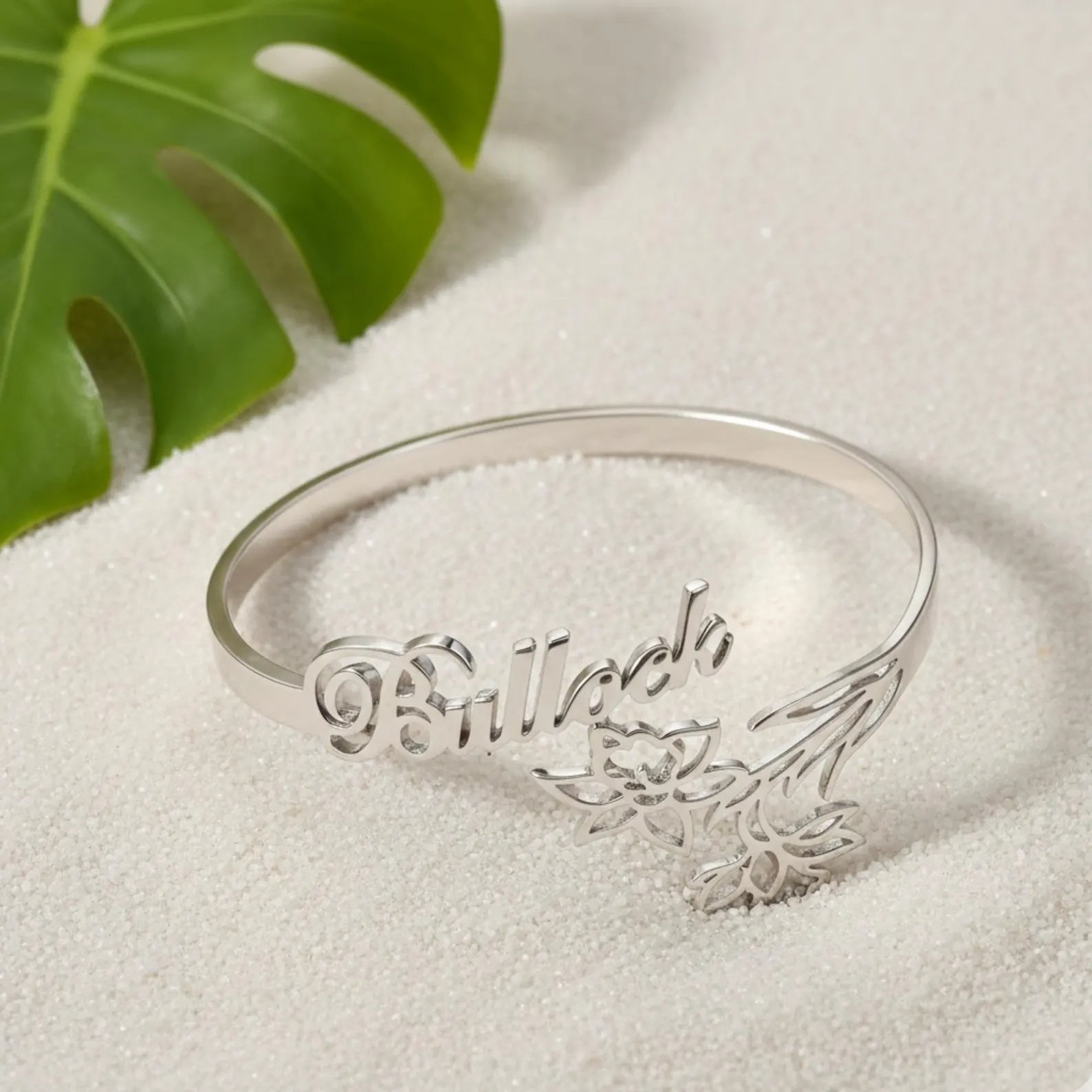 Personalized Name & Flower Cuff Bracelet - Gold Plated Custom Bangle for Women & Girls