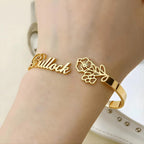 Personalized Name & Flower Cuff Bracelet - Gold Plated Custom Bangle for Women & Girls