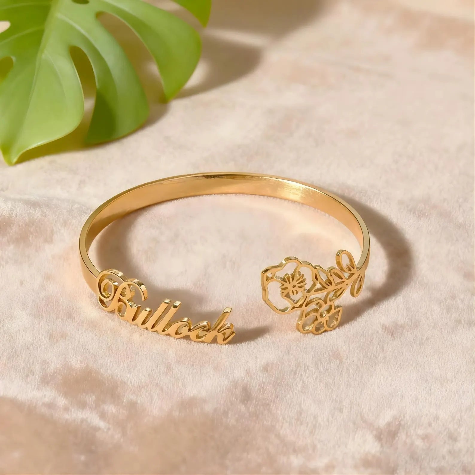 Personalized Name & Flower Cuff Bracelet - Gold Plated Custom Bangle for Women & Girls