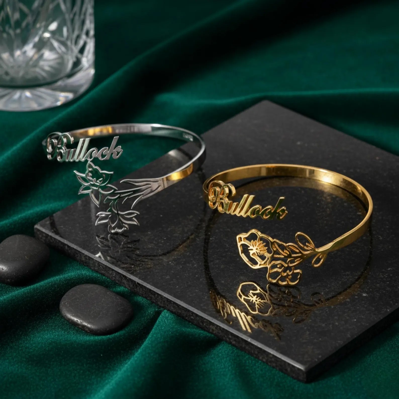 Personalized Name & Flower Cuff Bracelet - Gold Plated Custom Bangle for Women & Girls