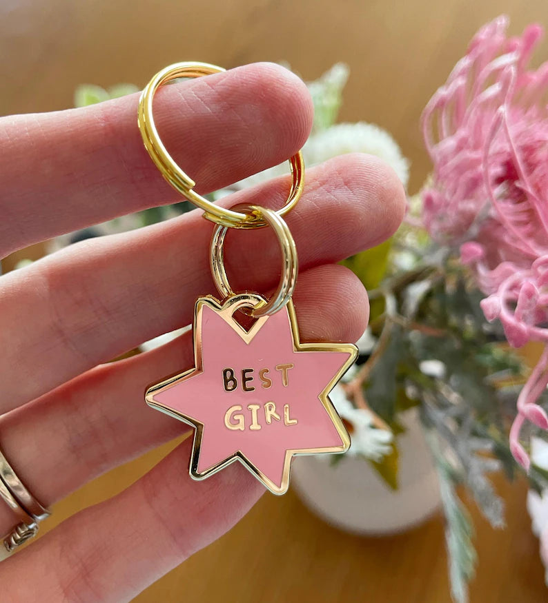 Moskai “Best Girl” Pink Enamel Pet ID Tag – Engraved Dog & Cat Name Tag