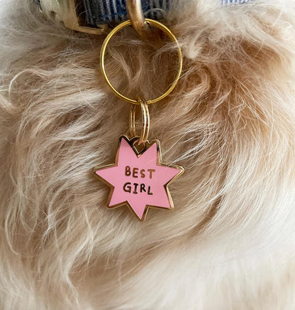 Moskai “Best Girl” Pink Enamel Pet ID Tag – Engraved Dog & Cat Name Tag