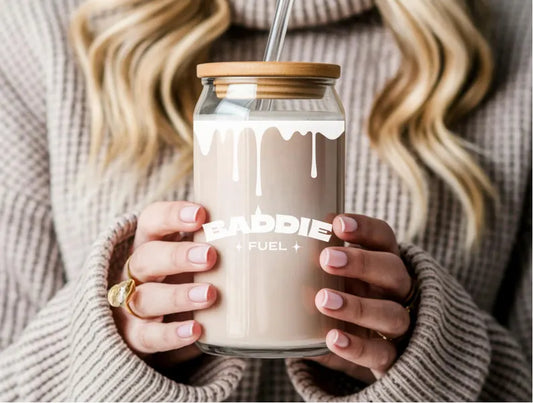 Moskai Baddie Fuel Iced Coffee Glass Cup with Bamboo Lid & Reusable Straw – Aesthetic Clear Tumbler