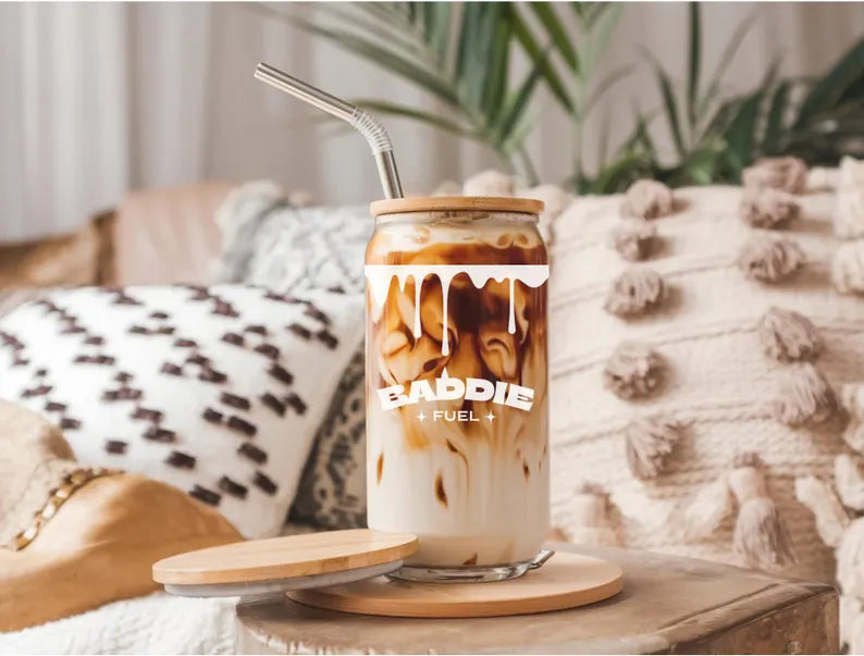 Moskai Baddie Fuel Iced Coffee Glass Cup with Bamboo Lid & Reusable Straw – Aesthetic Clear Tumbler