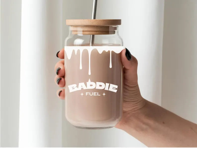 Moskai Baddie Fuel Iced Coffee Glass Cup with Bamboo Lid & Reusable Straw – Aesthetic Clear Tumbler
